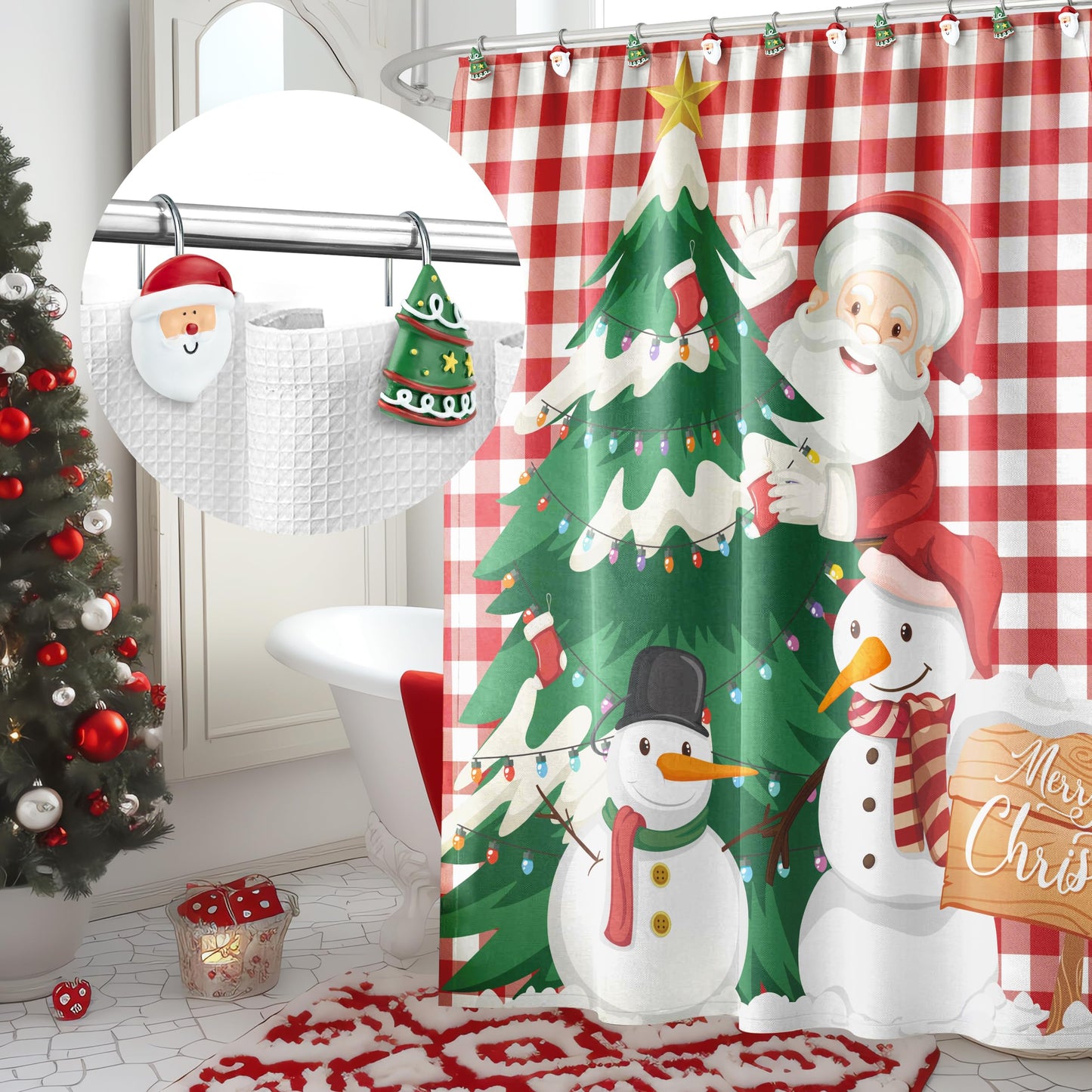 Sunlit Merry Christmas Shower Curtain Hooks Smiling Santa Claus Shower Curtain Rings, Resin, Christmas Decor, Winter Bathroom Decoration - 12 Pack