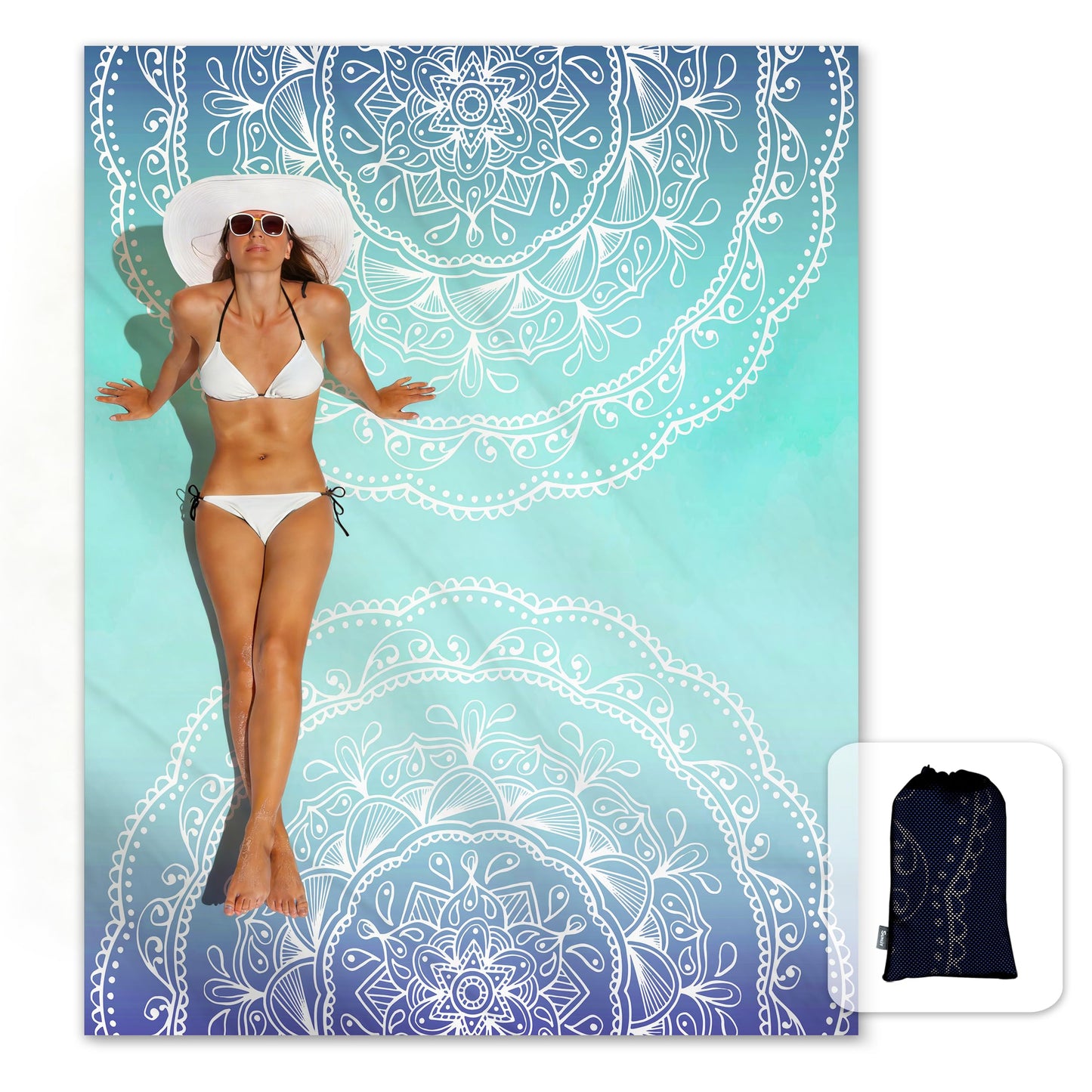 Sunlit Silky Soft Sand Proof Beach Blanket 106"x81" / 85"x72" Sand Proof Mat with Corner Pockets and Mesh Bag for Beach Party, Travel, Camping and Outdoor Music Festival, Mandala