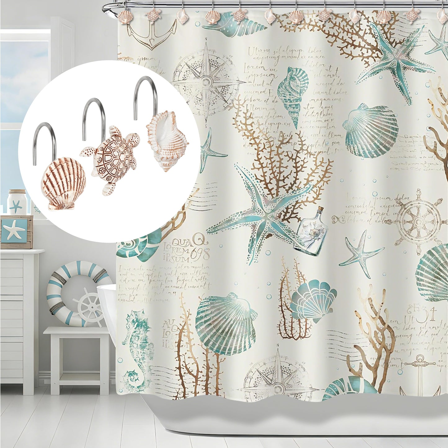 Sunlit Seashells Decorative Shower Curtain Hooks, Scallop Nautilus & Seahorse Shower Curtain Rings, Seashell Blush, Resin, Nautical Bathroom Decoration Beach Shower Curtain Hooks-12 Pack