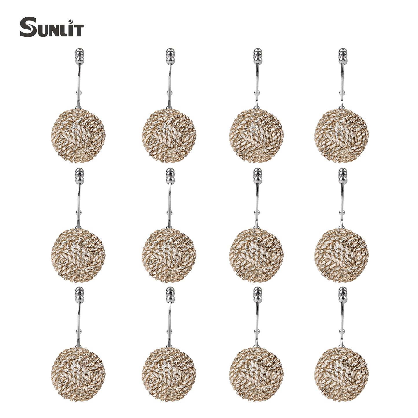 Sunlit Boho Knots Double Shower Curtain Hooks, Home Decorative White Shower Curtain Rings for Bathroom, Seaside Nautical Shower Curtain Hangers Bathroom Accessories, Set of 12