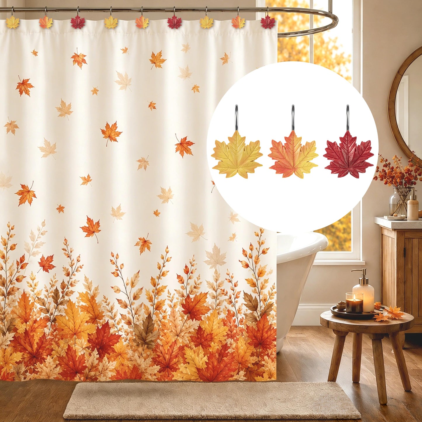 Sunlit Fall Autumn Decorative Shower Curtain Hooks, Pumpkin Maple Leaf Squirrel Acorn Shower Curtain Rings with Black Hooks, Resin, Orange Leaves Cute Bathroom Curtain Hangers Decoration, Set of 12