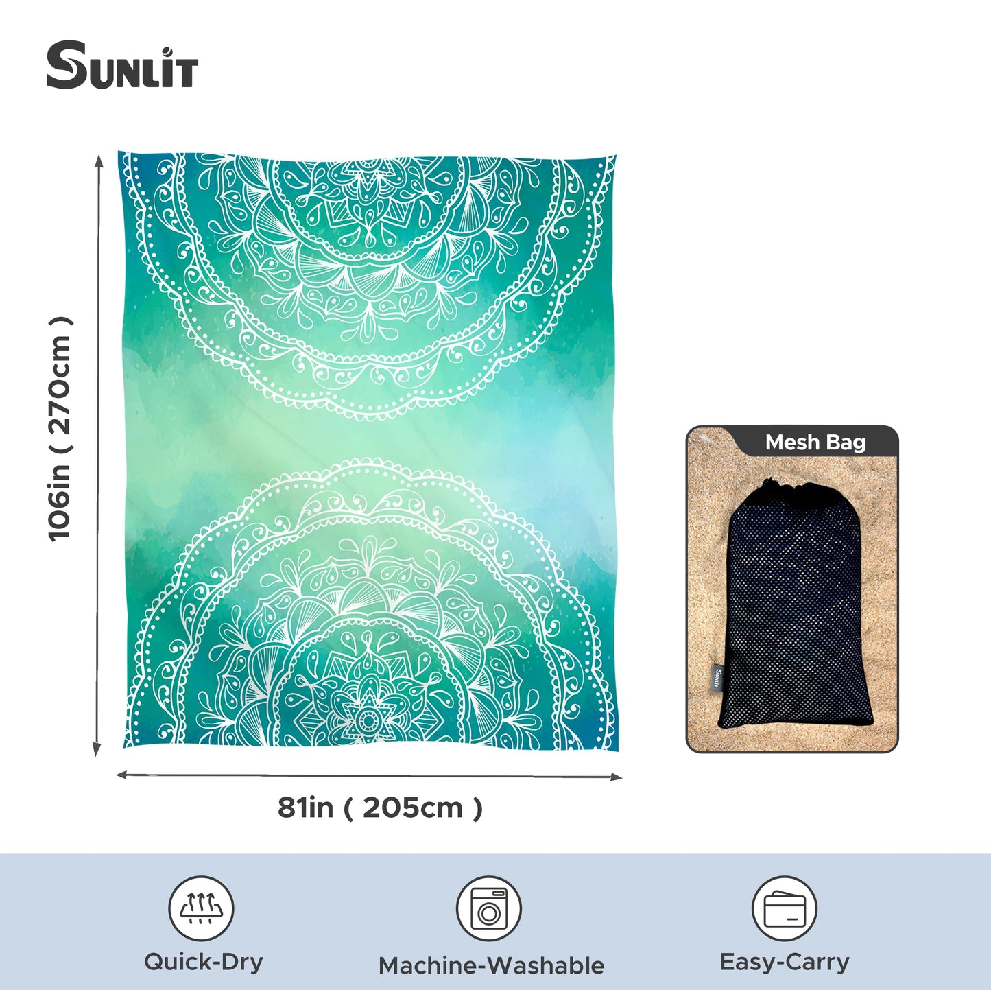 Sunlit Silky Soft Sand Proof Beach Blanket 106"x81" / 85"x72" Sand Proof Mat with Corner Pockets and Mesh Bag for Beach Party, Travel, Camping and Outdoor Music Festival, Mandala