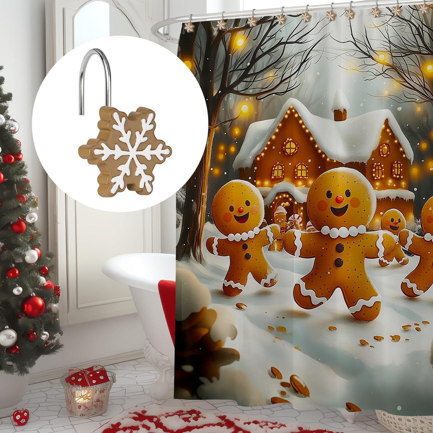 Sunlit Christmas Shower Curtain Hooks Snowflakes Double Shower Curtain Rings, Resin, Red and White Christmas Decor, Winter Bathroom Decoration - 12 Pack