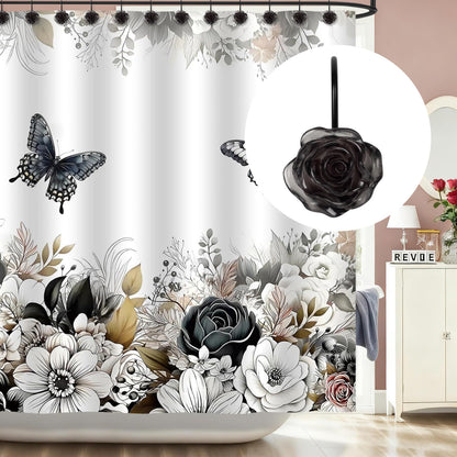 Sunlit Rose Shower Curtain Hooks, Home Decorative Flower Shower Curtain Rings for Bathroom, Resin, Pink Floral Shower Curtain Hanger Hooks for Living Room, Set of 12