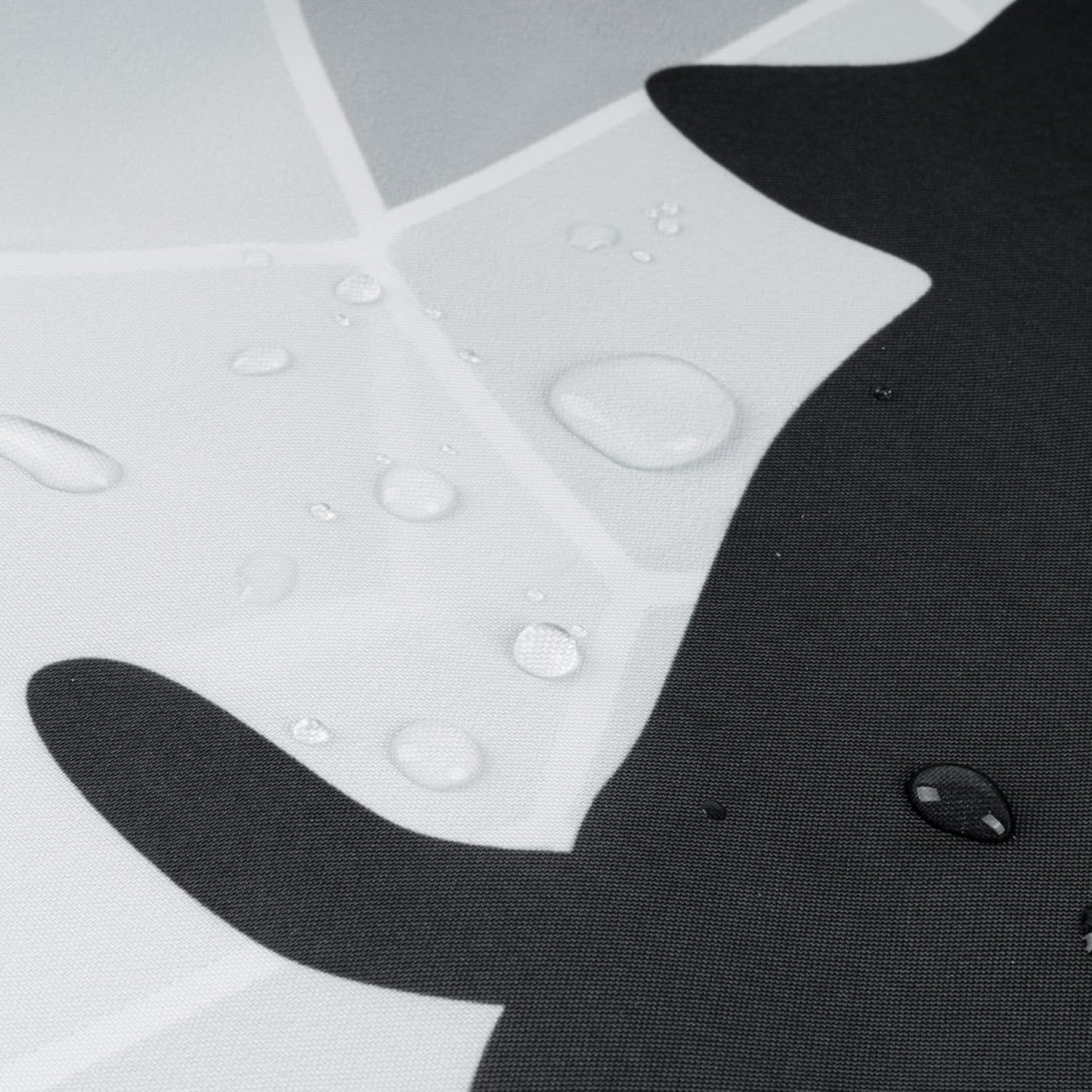 Sunlit Design Black Cat Silhouette and Gray Mosaic Fabric Shower Curtain. Grey and White