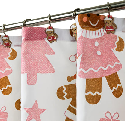 Sunlit Christmas Shower Curtain, Cute Gingerbread Men, Pink Christmas Trees and Gifts with Snowflake Accents, Whimsical Holiday Bathroom Decor, 72" x 72"