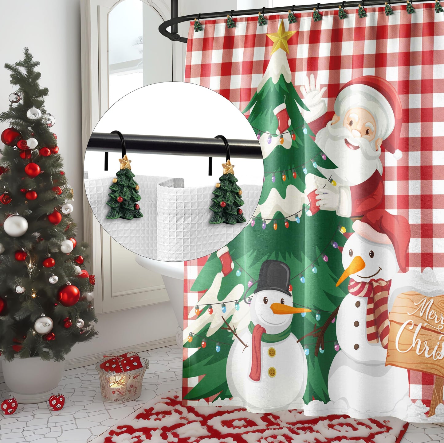 Sunlit Christmas Tree Decorative Shower Curtain Hooks with Star, Green Shower Curtain Rings, Resin, Xmas Theme Winter Holiday Bathroom Decoration, Set of 12