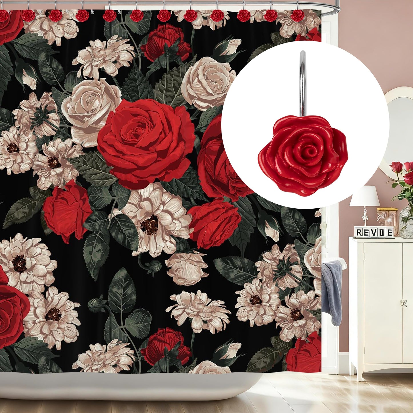 Sunlit Rose Shower Curtain Hooks, Home Decorative Flower Shower Curtain Rings for Bathroom, Resin, Pink Floral Shower Curtain Hanger Hooks for Living Room, Set of 12
