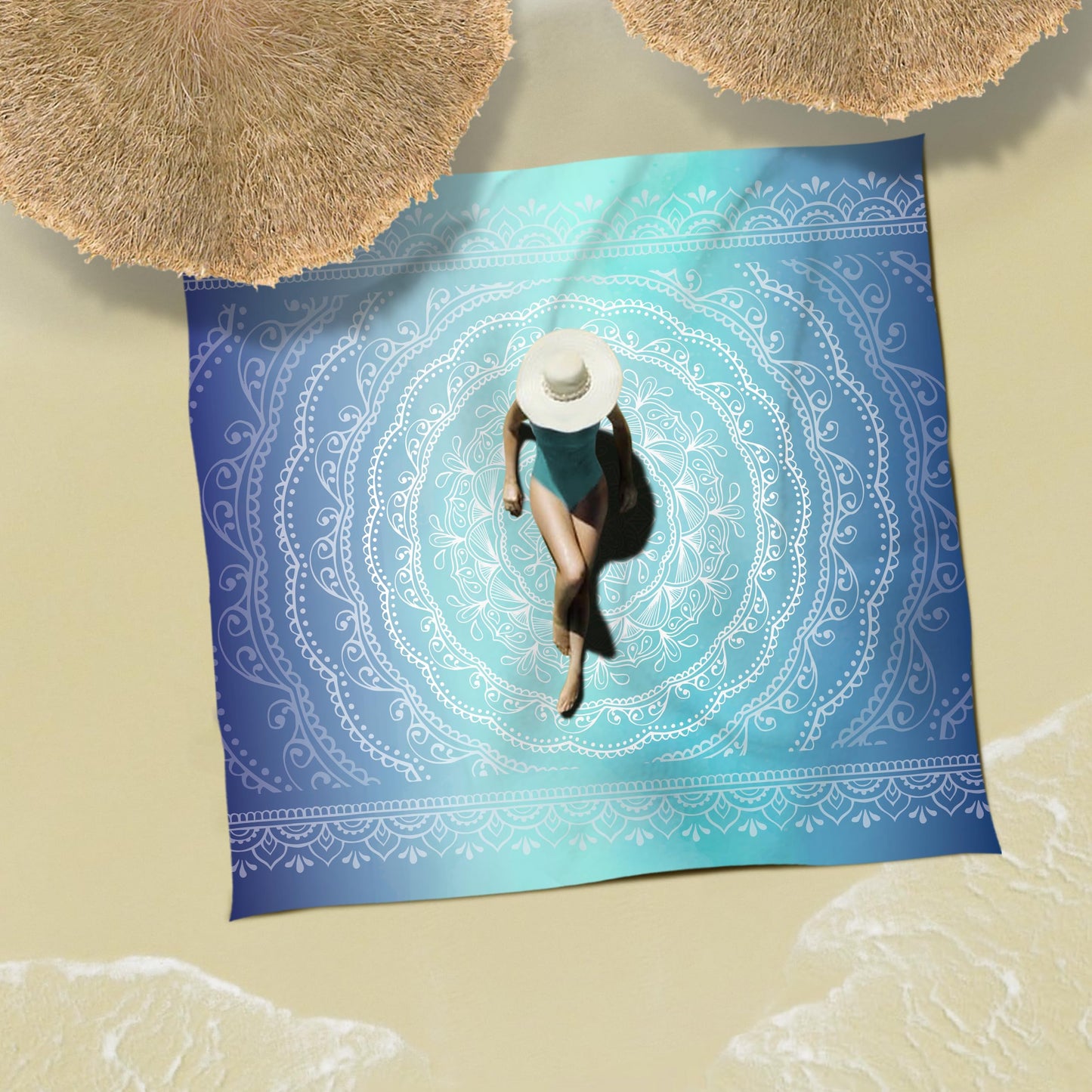Sunlit Silky Soft Sand Proof Beach Blanket 106"x81" / 85"x72" Sand Proof Mat with Corner Pockets and Mesh Bag for Beach Party, Travel, Camping and Outdoor Music Festival, Mandala