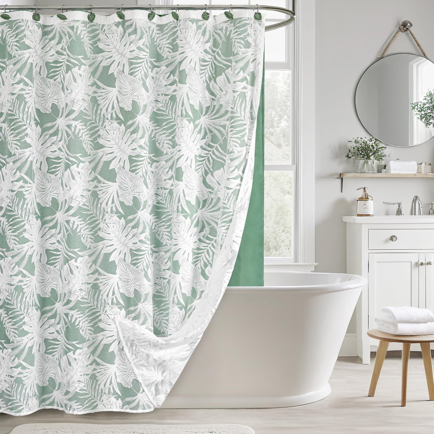 White Palm Leaves Fabric Shower Curtains with Green Liner, Tropical Leaf Detachable Double Layer Shower Curtain for Bathroom, Water-Repellent Home Bathroom Decor, 71x71 Inch