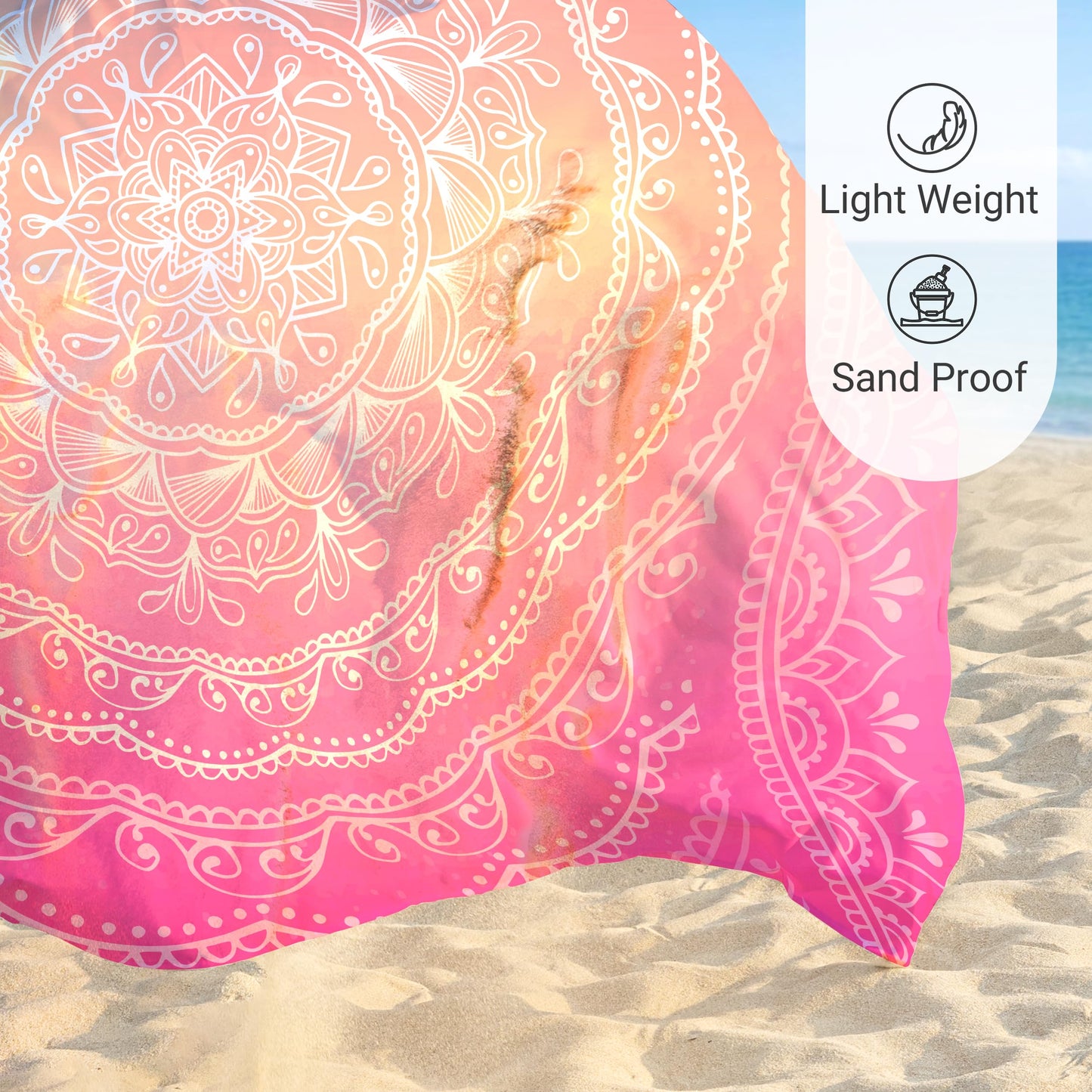 Sunlit Silky Soft Sand Proof Beach Blanket 106"x81" / 85"x72" Sand Proof Mat with Corner Pockets and Mesh Bag for Beach Party, Travel, Camping and Outdoor Music Festival, Mandala