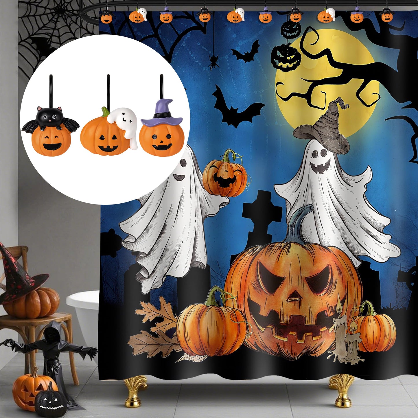 Sunlit Halloween Ghost and Pumpkin Shower Curtain Hooks Set of 12, Cute Jack O Lantern and White Ghost Curtain Rings for Bathroom, Spooky Decorative Bath Accessories