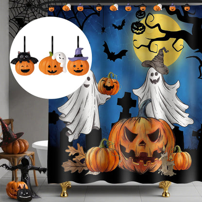 Sunlit Halloween Ghost and Pumpkin Shower Curtain Hooks Set of 12, Cute Jack O Lantern and White Ghost Curtain Rings for Bathroom, Spooky Decorative Bath Accessories