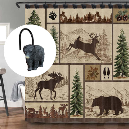 Sunlit Rustic Decorative Shower Curtain Hooks, Black Bear Shower Curtain Rings, Cabin Shower Curtain Hooks, Resin, Farmhouse Bathroom Decoration - 12 Pack