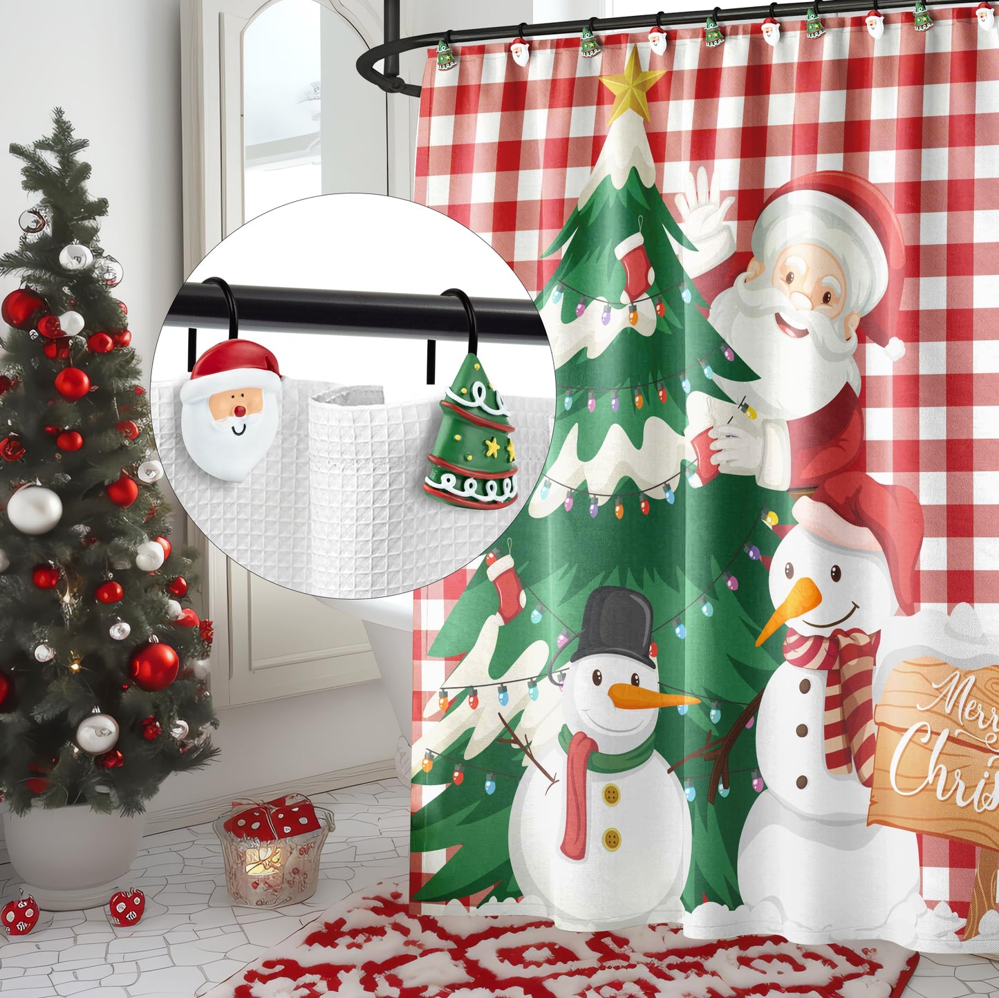 Sunlit Merry Christmas Shower Curtain Hooks Smiling Santa Claus Shower Curtain Rings, Resin, Christmas Decor, Winter Bathroom Decoration - 12 Pack