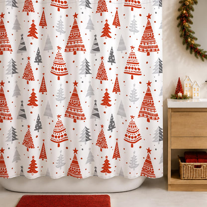 Sunlit Christmas Shower Curtain, Blue and Gray Xmas Trees with Stars and Snow Pattern Shower Curtains for Bathroom Decor, Winter Snowflake Pine Tree Bathroom Curtains, 71x71 Inch