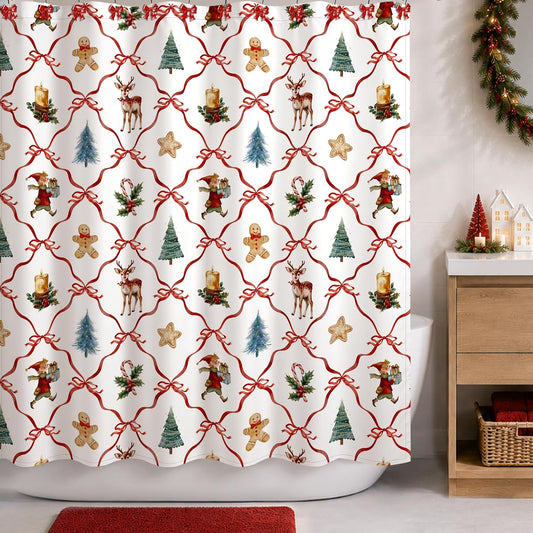 Sunlit Christmas Shower Curtain, Vintage Block Print Holiday Pattern with Christmas Trees, Gingerbread Men, Reindeer and Red Ribbon Bows, Cozy Winter Bathroom Decor, 72" x 72"
