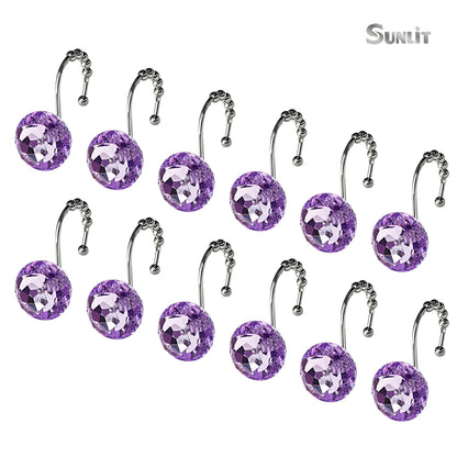 Sunlit Round Rhinestone Shower Curtain Hooks with Glide Balls, 12 Pack
