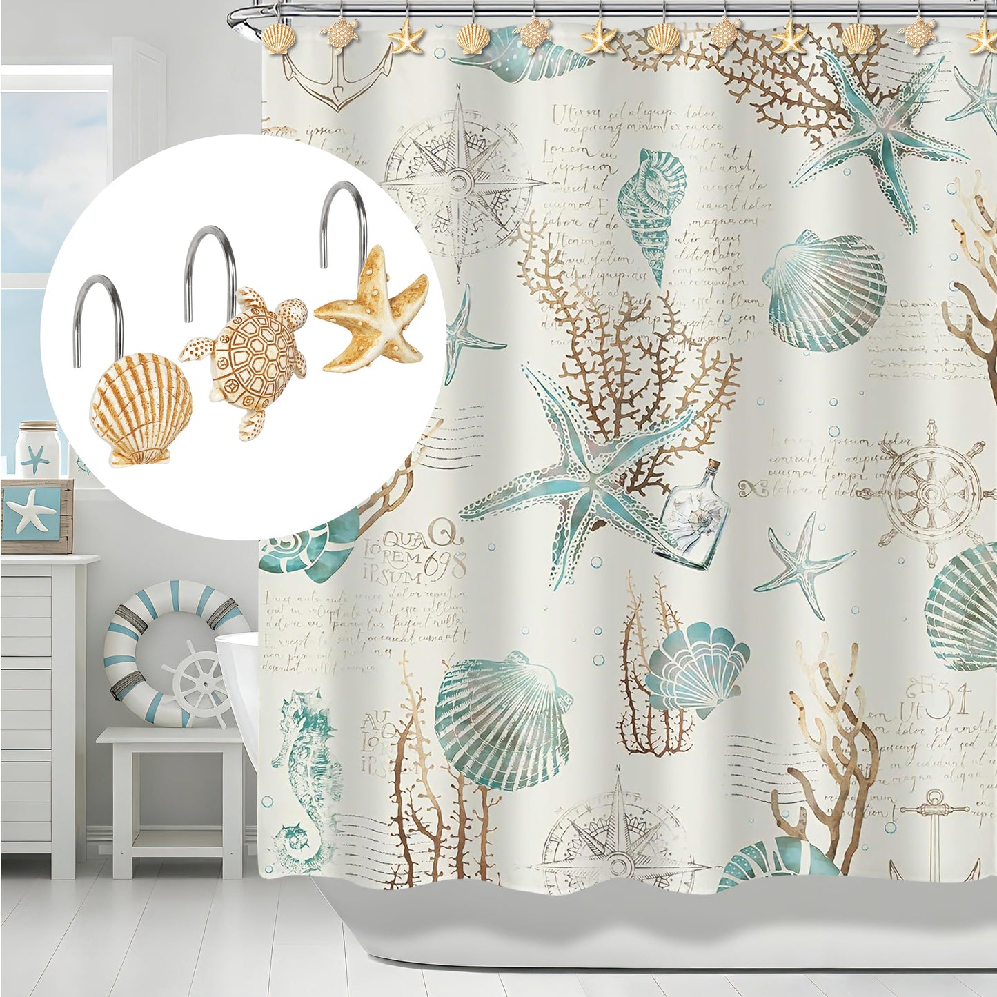 Sunlit Seashells Decorative Shower Curtain Hooks, Scallop Nautilus & Seahorse Shower Curtain Rings, Seashell Blush, Resin, Nautical Bathroom Decoration Beach Shower Curtain Hooks-12 Pack