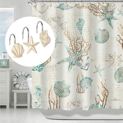 Sunlit Seashells Decorative Shower Curtain Hooks, Scallop Nautilus & Seahorse Shower Curtain Rings, Seashell Blush, Resin, Nautical Bathroom Decoration Beach Shower Curtain Hooks-12 Pack
