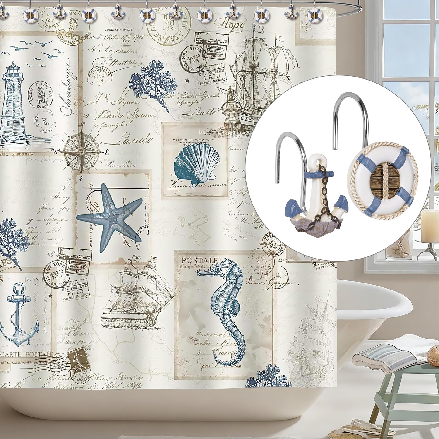 Sunlit Nautical Shower Curtain Hooks, Home Decorative Coastal Shower Curtain Rings for Bathroom, Resin, Ocean Shower Curtain Hanger Hooks for Living Room, Set of 12, Blue Lighthouse Sailboat