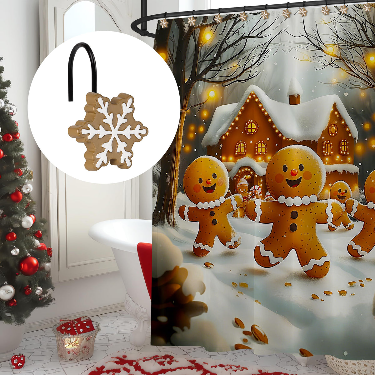Sunlit Christmas Shower Curtain Hooks Snowflakes Double Shower Curtain Rings, Resin, Red and White Christmas Decor, Winter Bathroom Decoration - 12 Pack