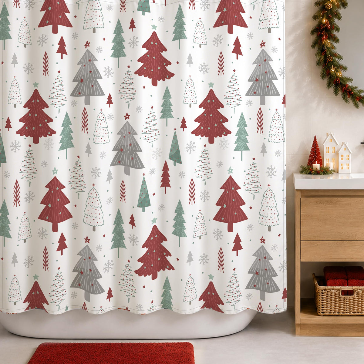 Sunlit Christmas Shower Curtain, Blue and Gray Xmas Trees with Stars and Snow Pattern Shower Curtains for Bathroom Decor, Winter Snowflake Pine Tree Bathroom Curtains, 71x71 Inch
