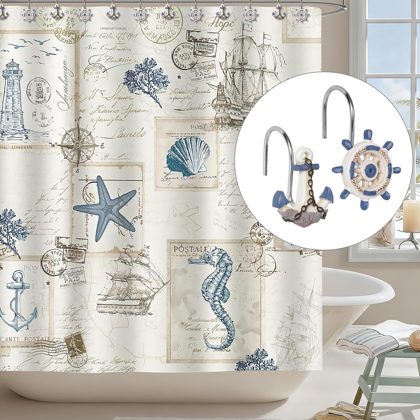 Sunlit Nautical Shower Curtain Hooks, Home Decorative Coastal Shower Curtain Rings for Bathroom, Resin, Ocean Shower Curtain Hanger Hooks for Living Room, Set of 12, Blue Lighthouse Sailboat