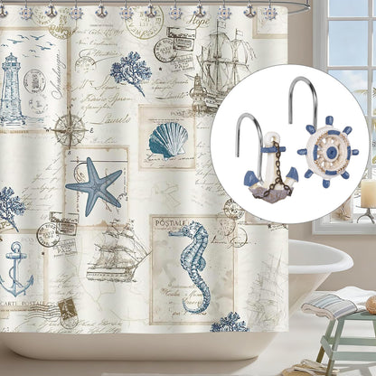 Sunlit Nautical Shower Curtain Hooks, Home Decorative Coastal Shower Curtain Rings for Bathroom, Resin, Ocean Shower Curtain Hanger Hooks for Living Room, Set of 12, Blue Lighthouse Sailboat