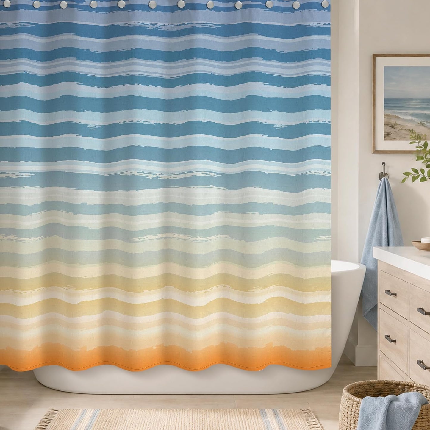 Sunlit Sunset Ombre Striped Shower Curtain, Blue and Orange Textured Slubbed Fabric Shower Curtain for Bathroom Decoration, Gradient Stripe Bathroom Curtain, 72x72