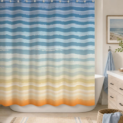 Sunlit Sunset Ombre Striped Shower Curtain, Blue and Orange Textured Slubbed Fabric Shower Curtain for Bathroom Decoration, Gradient Stripe Bathroom Curtain, 72x72
