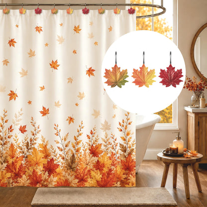 Sunlit Fall Autumn Decorative Shower Curtain Hooks, Pumpkin Maple Leaf Squirrel Acorn Shower Curtain Rings with Black Hooks, Resin, Orange Leaves Cute Bathroom Curtain Hangers Decoration, Set of 12