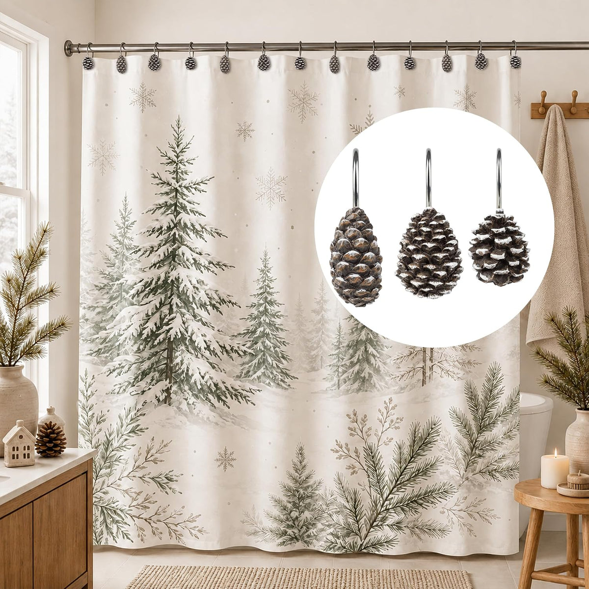 Sunlit Snowy Pinecone Shower Curtain Hooks Set of 12, Snow-Tipped Pine Cone Curtain Rings for Christmas Winter Bathroom Decor, Rustic Decorative Resin Bath Accessories