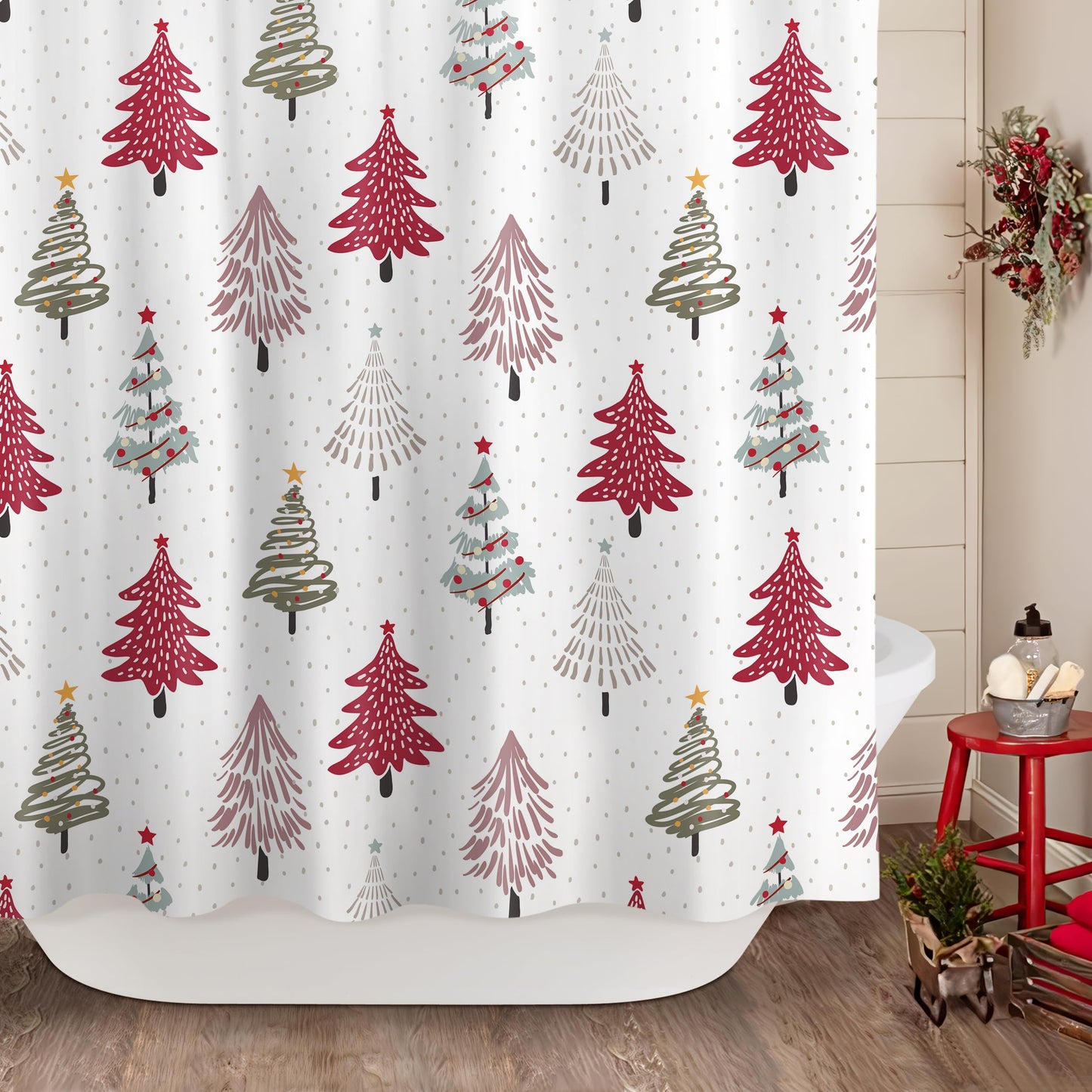 Sunlit Christmas Shower Curtain, Red and Gray Xmas Trees with Stars and Snow Pattern Shower Curtain for Bathroom Decor, 71x71 Inch