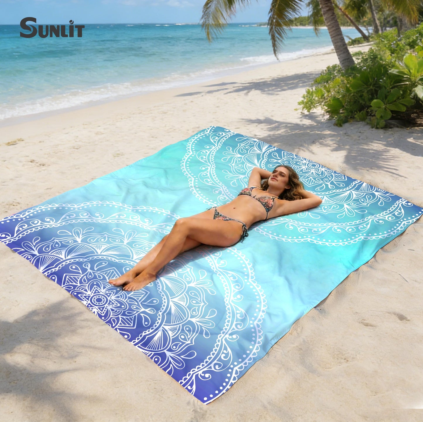Sunlit Silky Soft Sand Proof Beach Blanket 106"x81" / 85"x72" Sand Proof Mat with Corner Pockets and Mesh Bag for Beach Party, Travel, Camping and Outdoor Music Festival, Mandala