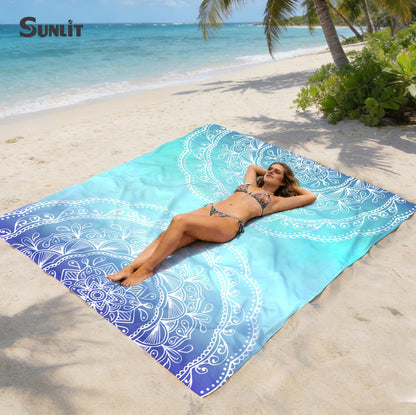 Sunlit Silky Soft Sand Proof Beach Blanket 106"x81" / 85"x72" Sand Proof Mat with Corner Pockets and Mesh Bag for Beach Party, Travel, Camping and Outdoor Music Festival, Mandala