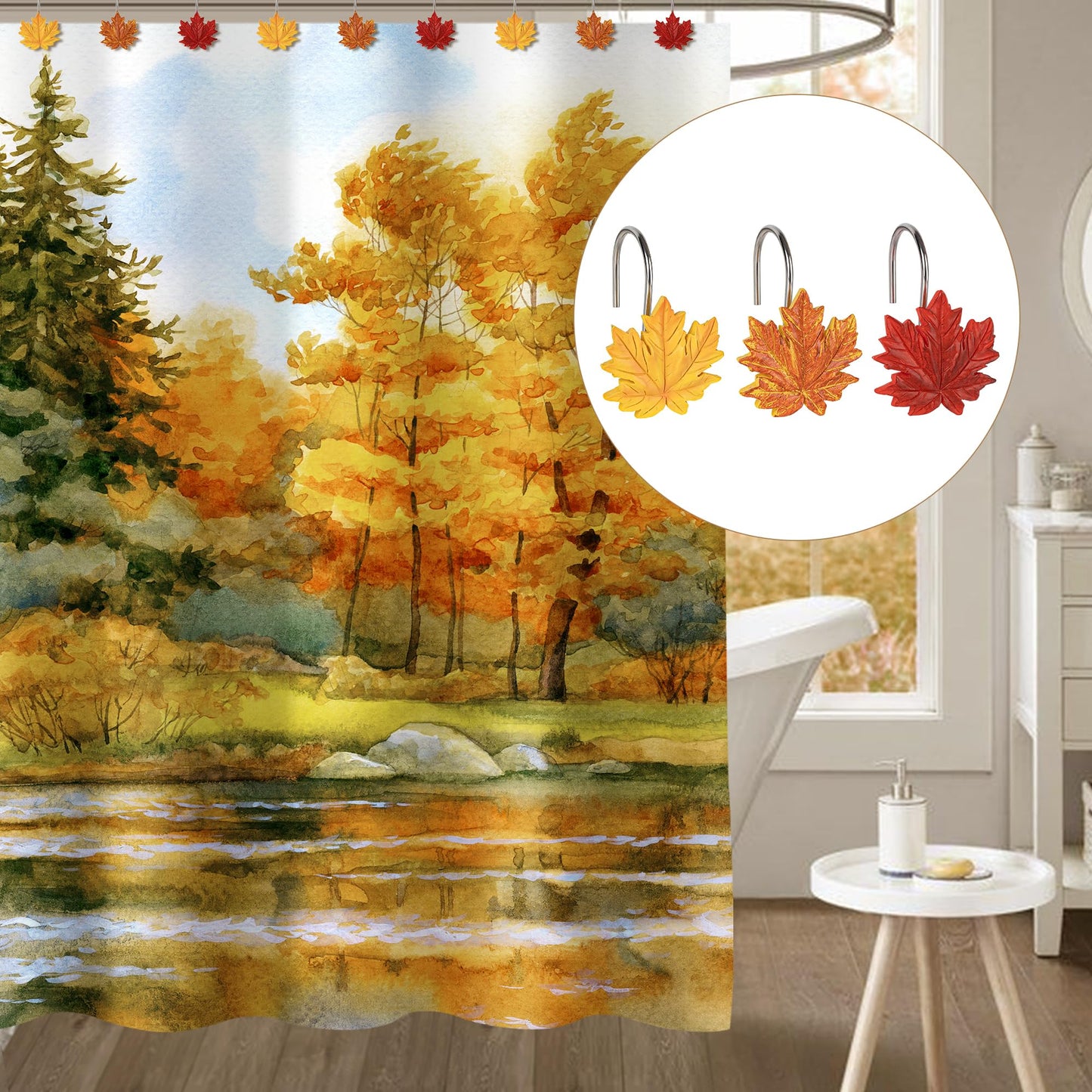 Sunlit Fall Autumn Decorative Shower Curtain Hooks, Pumpkin Maple Leaf Squirrel Acorn Shower Curtain Rings with Black Hooks, Resin, Orange Leaves Cute Bathroom Curtain Hangers Decoration, Set of 12