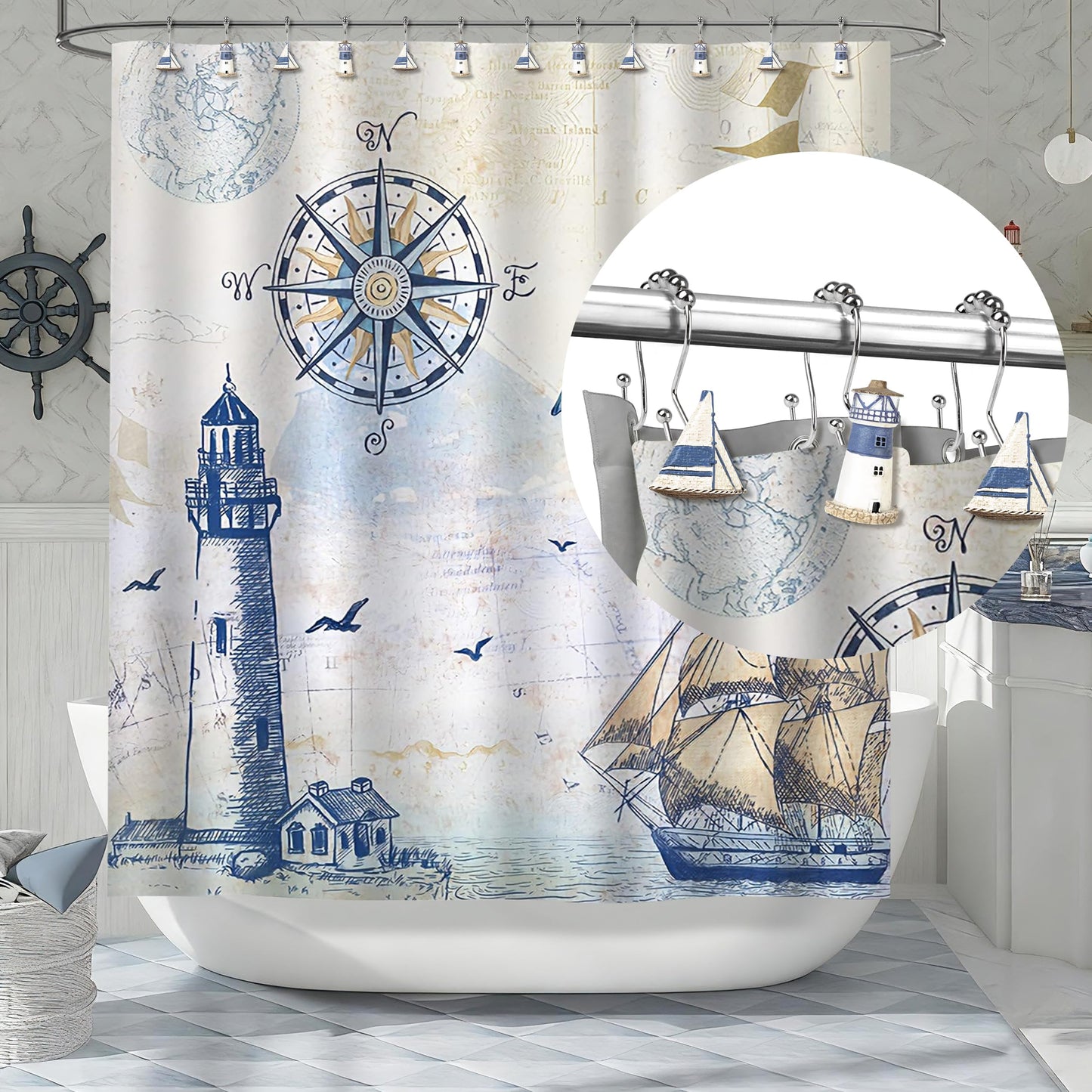 Sunlit Nautical Shower Curtain Hooks, Home Decorative Coastal Shower Curtain Rings for Bathroom, Resin, Ocean Shower Curtain Hanger Hooks for Living Room, Set of 12, Blue Lighthouse Sailboat
