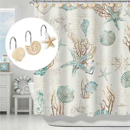 Sunlit Seashells Decorative Shower Curtain Hooks, Scallop Nautilus & Seahorse Shower Curtain Rings, Seashell Blush, Resin, Nautical Bathroom Decoration Beach Shower Curtain Hooks-12 Pack