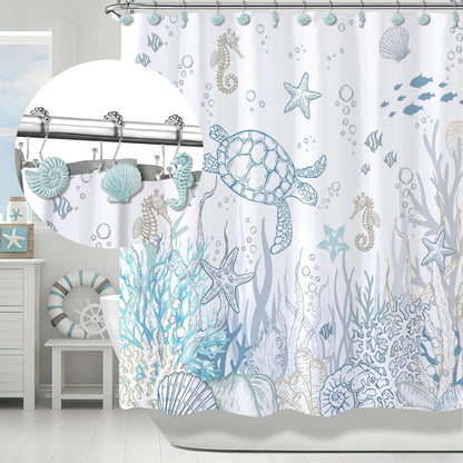 Sunlit Seashells Decorative Shower Curtain Hooks, Aqua Blue Ocean Creatures Coastal Shower Curtain Rings with Black Hooks, Resin, Nautical Bathroom Decoration Beach Shower Curtain Hooks, Set of 12