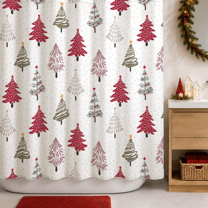 Sunlit Christmas Shower Curtain, Blue and Gray Xmas Trees with Stars and Snow Pattern Shower Curtains for Bathroom Decor, Winter Snowflake Pine Tree Bathroom Curtains, 71x71 Inch