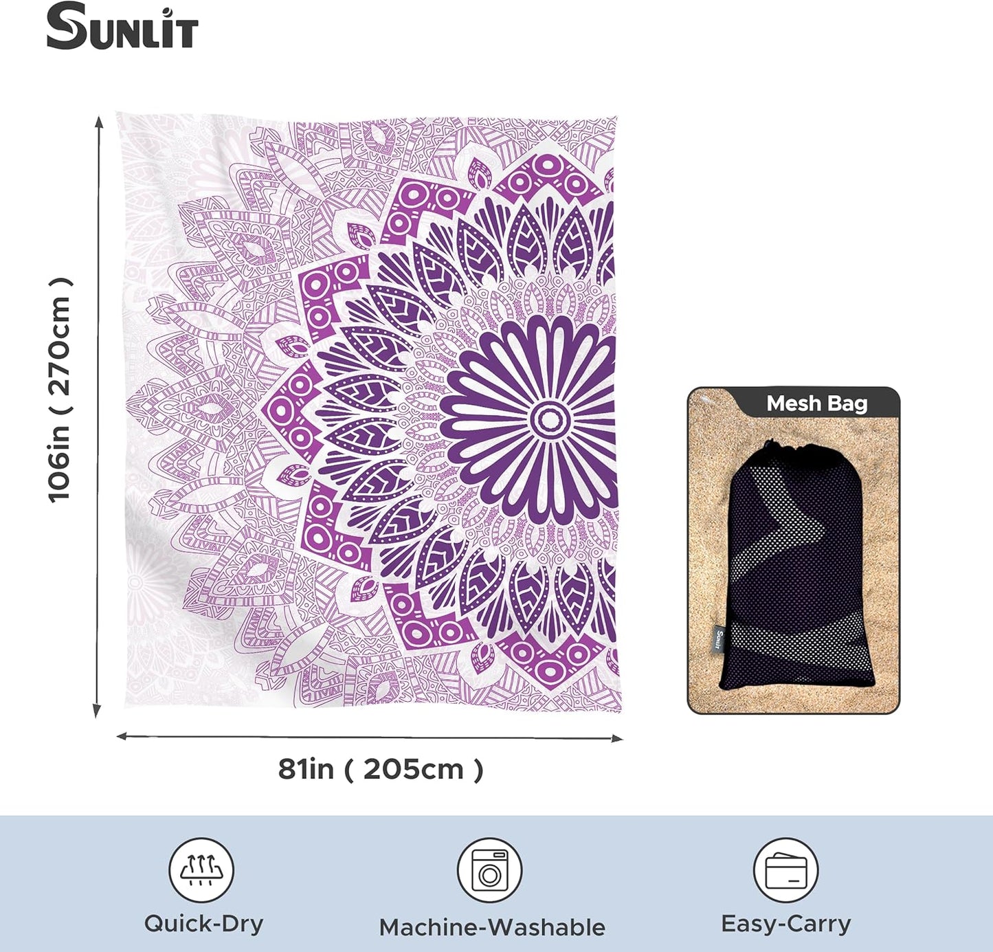 Sunlit Silky Soft 81"x106" Sand Proof Beach Blanket Sand Proof Mat with Corner Pockets and Fashion Mesh Bag for Beach Party, Travel, Camping and Outdoor Music Festival, Boho Lilac Mandala