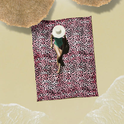 Sunlit Large Cheetah Beach Blanket Waterproof Sand Proof, 81" x106" Sand Free Beach Mat with Corner Pockets and Storage Bag, for Travel Beach Camping Outdoor Festival, Black Pink Leopard