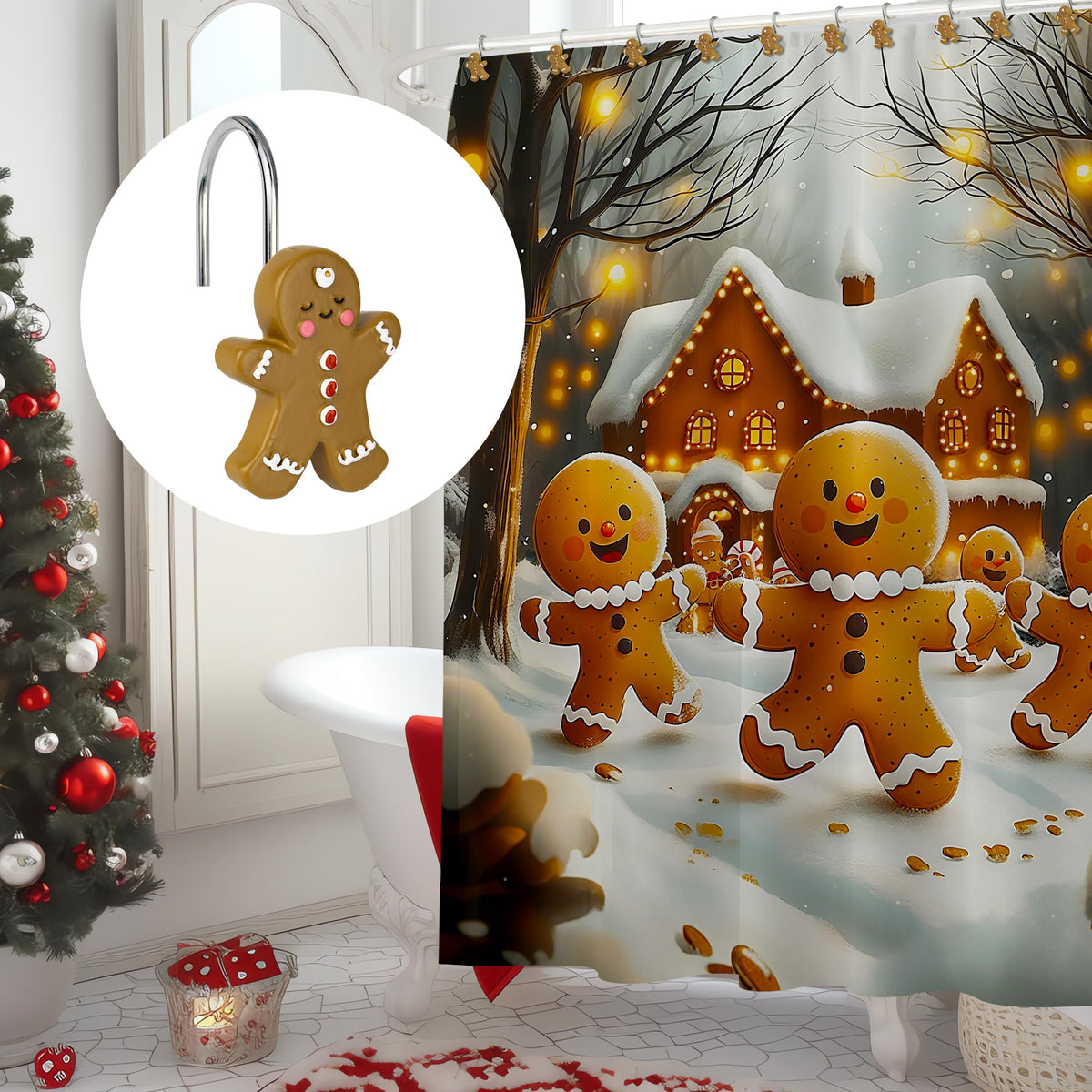 Sunlit Christmas Tree Snowman Decorative Shower Curtain Hooks, Green White Shower Curtain Rings, Resin, Xmas Theme Winter Holiday Bathroom Decoration, Set of 12