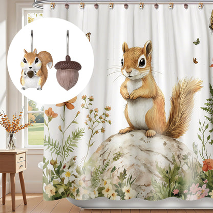Sunlit Fall Autumn Decorative Shower Curtain Hooks, Pumpkin Maple Leaf Squirrel Acorn Shower Curtain Rings, Resin, Orange Leaves Cute Bathroom Curtain Hangers Decoration, Set of 12