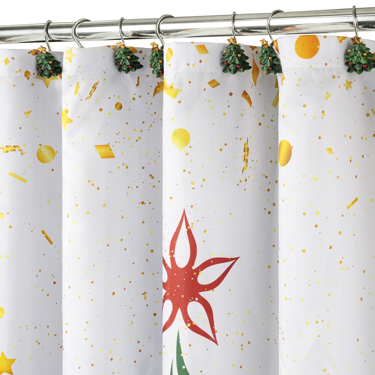 Sunlit Christmas Shower Curtain, Green Xmas Pine Tree with Red Star Ornament Holiday Floral Holly Berries Decorations Festive Bathroom Fabric Shower Curtain, Home Decor Tapestry, 72" x 72"