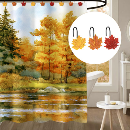 Sunlit Fall Autumn Decorative Shower Curtain Hooks, Pumpkin Maple Leaf Squirrel Acorn Shower Curtain Rings with Black Hooks, Resin, Orange Leaves Cute Bathroom Curtain Hangers Decoration, Set of 12
