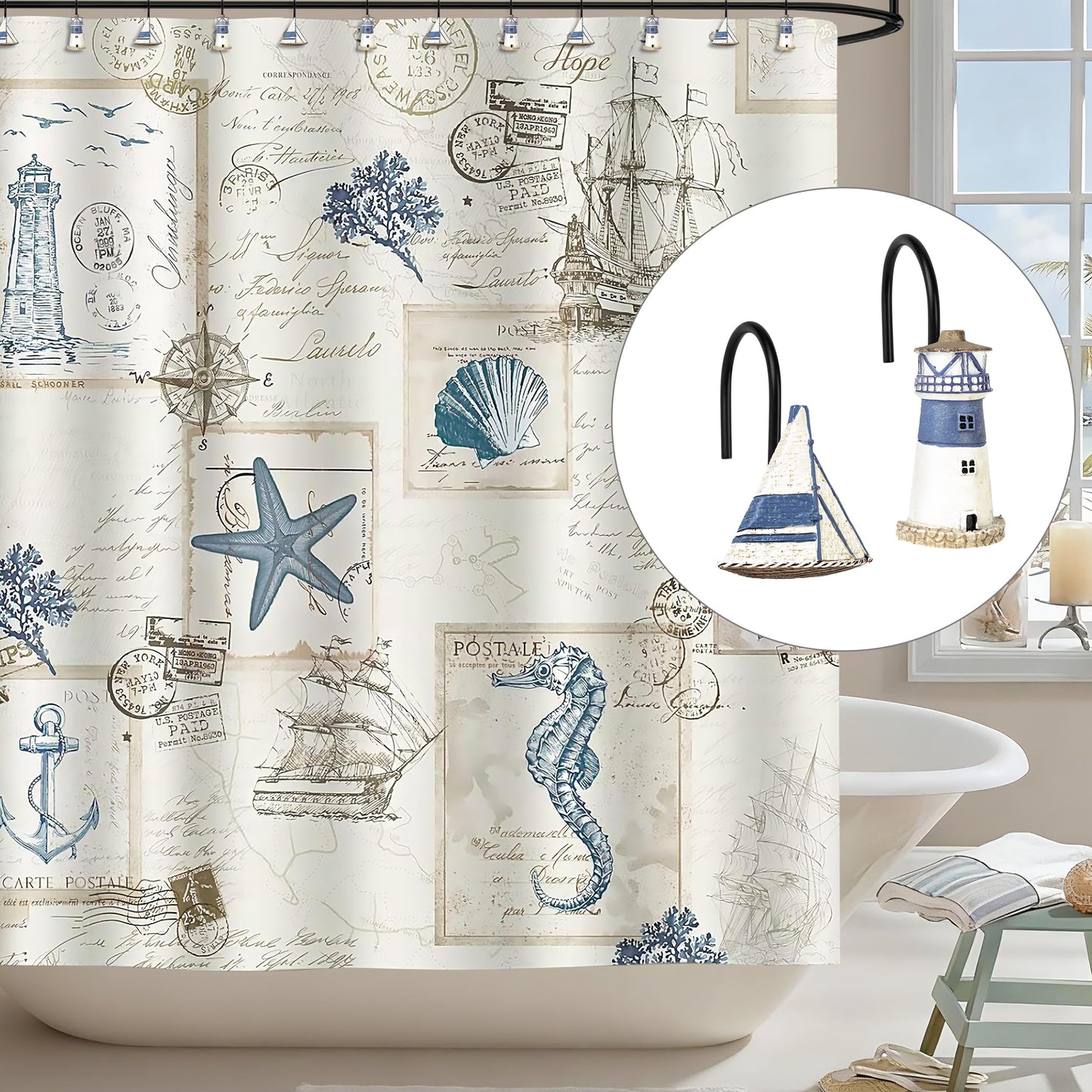 Sunlit Nautical Shower Curtain Hooks, Home Decorative Coastal Shower Curtain Rings for Bathroom, Resin, Ocean Shower Curtain Hanger Hooks for Living Room, Set of 12, Blue Lighthouse Sailboat