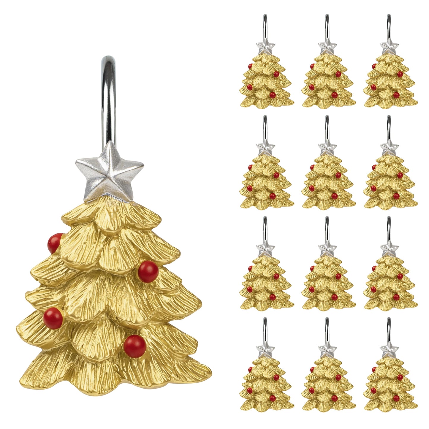 Sunlit Christmas Tree Decorative Shower Curtain Hooks with Star, Green Shower Curtain Rings, Resin, Xmas Theme Winter Holiday Bathroom Decoration, Set of 12