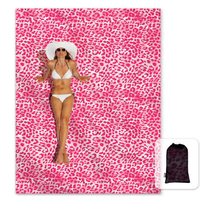 Sunlit Large Cheetah Beach Blanket Waterproof Sand Proof, 81" x106" Sand Free Beach Mat with Corner Pockets and Storage Bag, for Travel Beach Camping Outdoor Festival, Black Pink Leopard